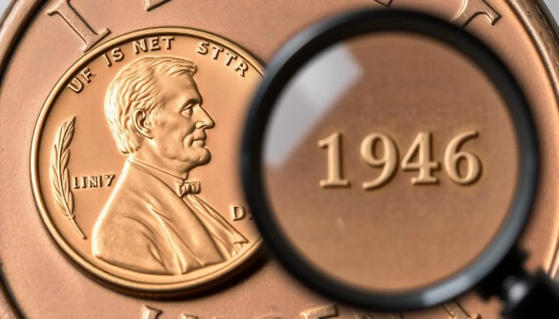 A 1946 D Wheat Penny displayed next to a magnifying glass, highlighting an error in the mint mark