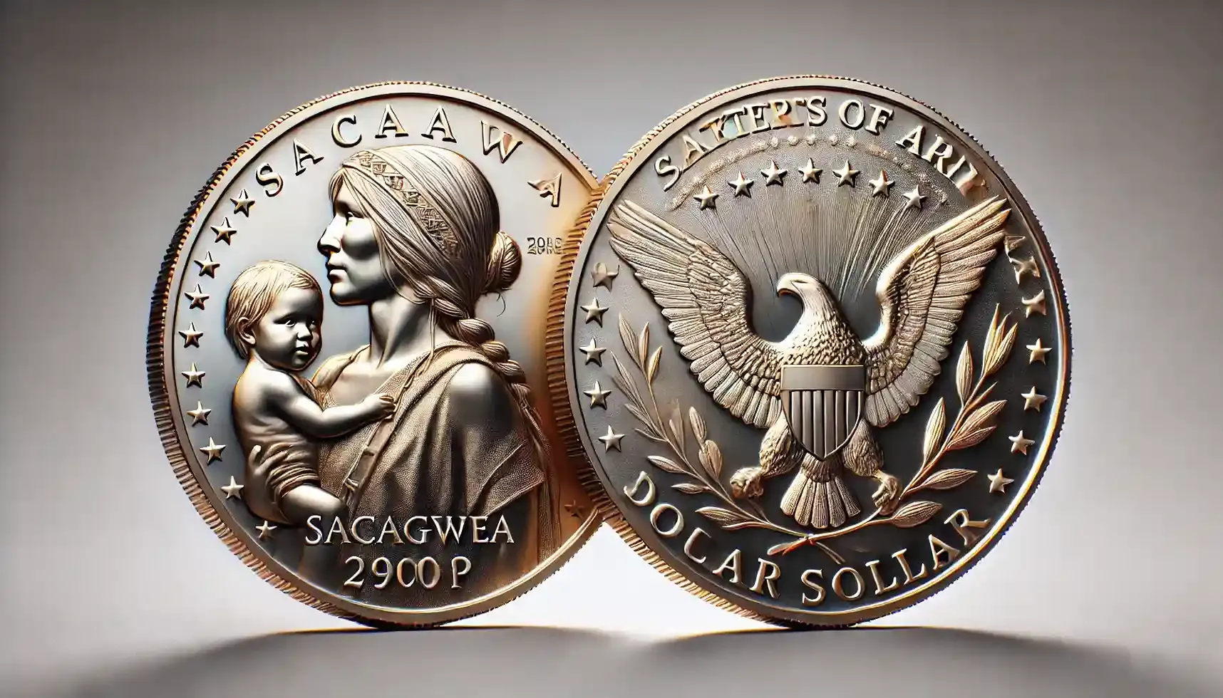 A picture of a 2000-P “Cheerios” Sacagawea dollar, highlighting the obverse with Sacagawea and her child, and the reverse showcasing the enhanced eagle design unique to this variant.