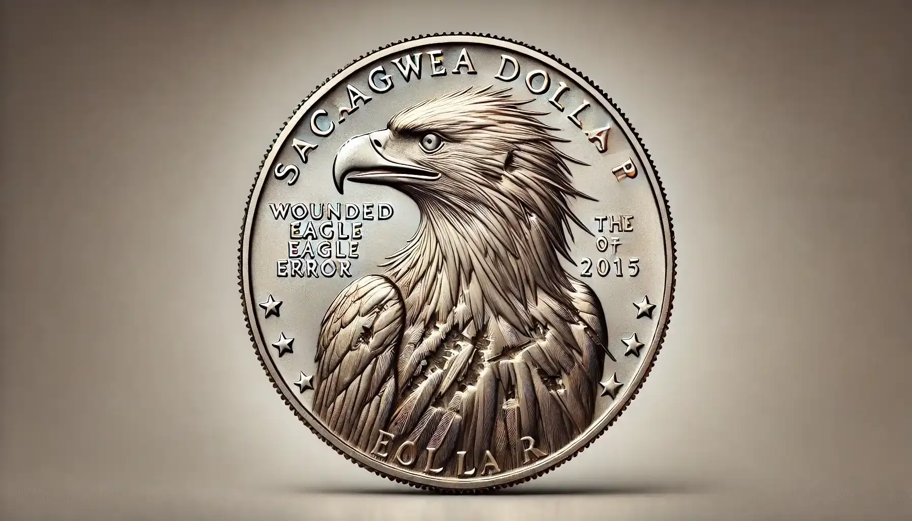 A picture of a Sacagawea dollar coin featuring the “Wounded Eagle” error, showcasing the reverse side with a visible die gouge across the eagle’s chest.