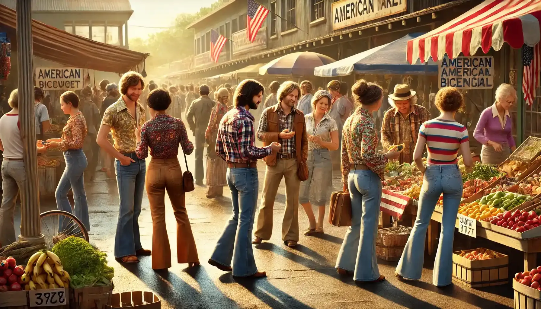 American citizens of the 1976 year buying something on a local market