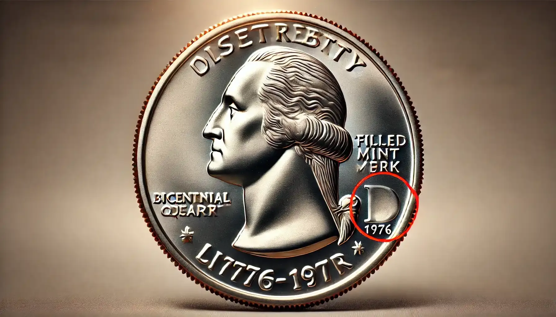 an example of the Bicentennial Quarter Filled D Error circled in red