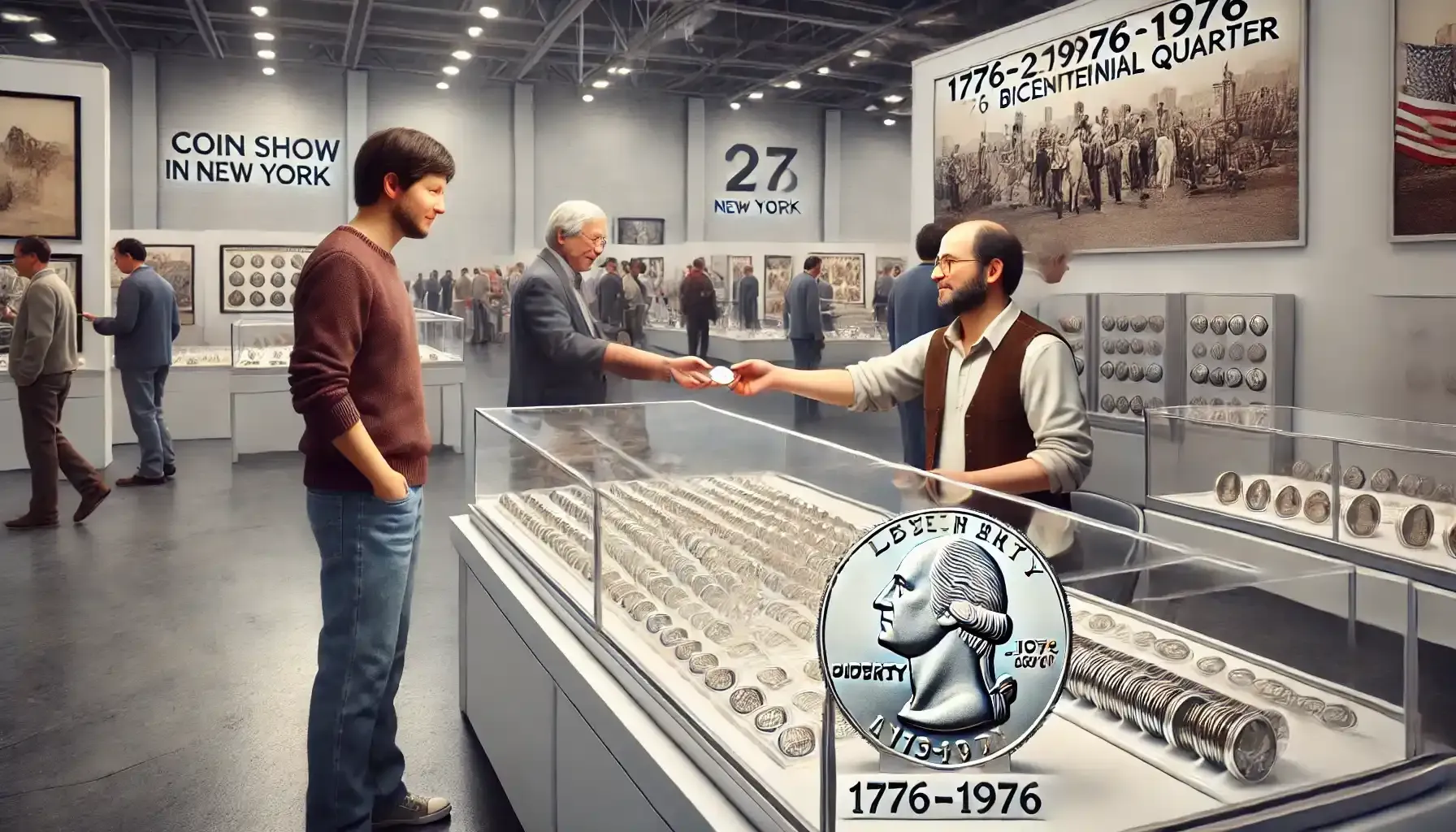 a man buying a 1776 to 1976 quarter dollar at a coin show in New York