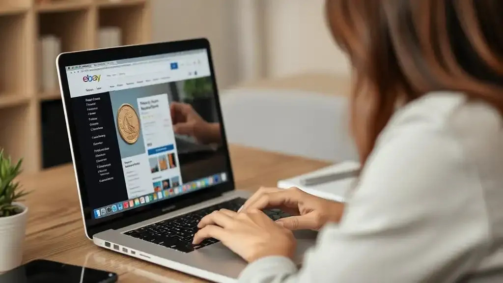 a woman trying to sell a coin on the eBay website on her laptop