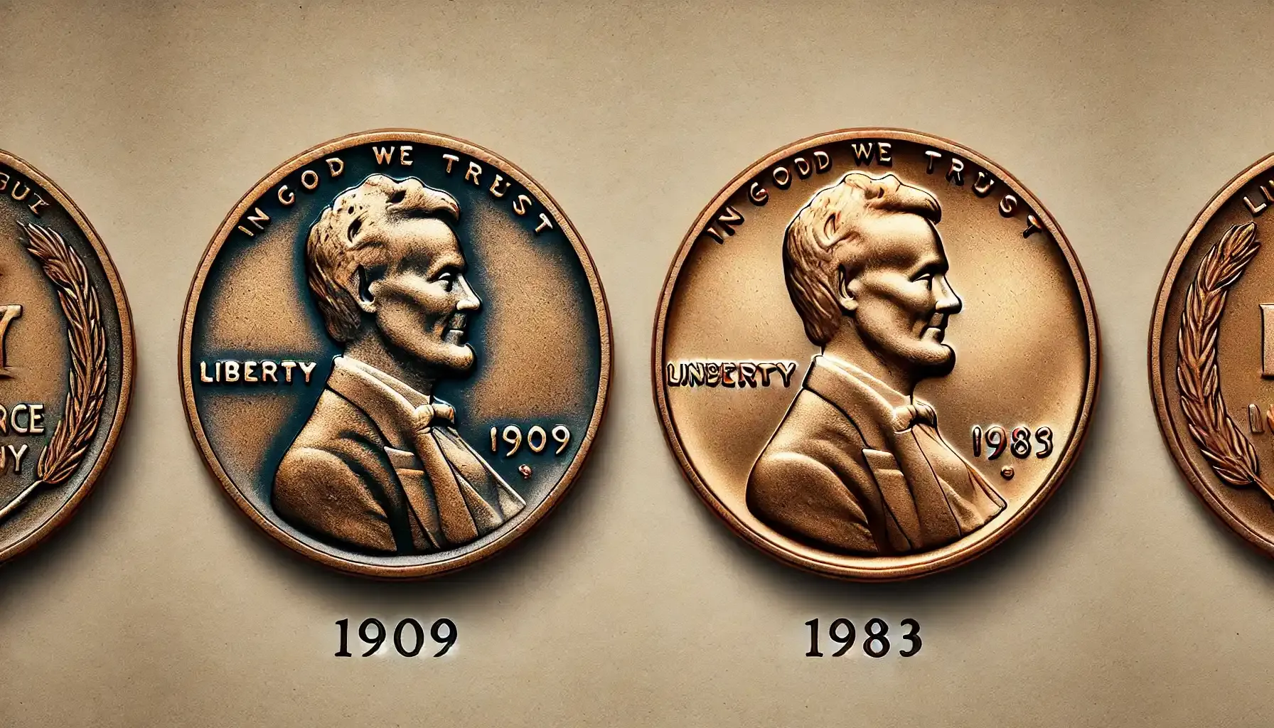 a comparison of an early 1909 penny and a 1983 penny
