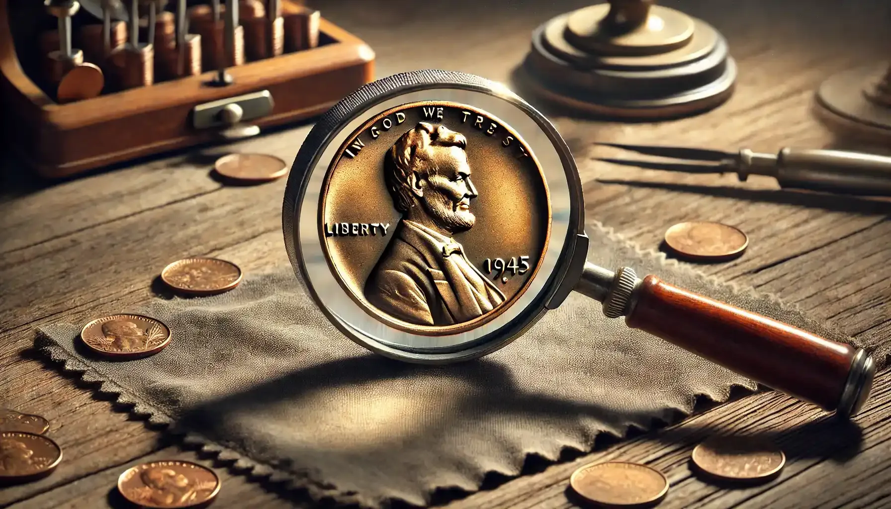 an obverse of the 1945 Wheat penny under a magnifying glass