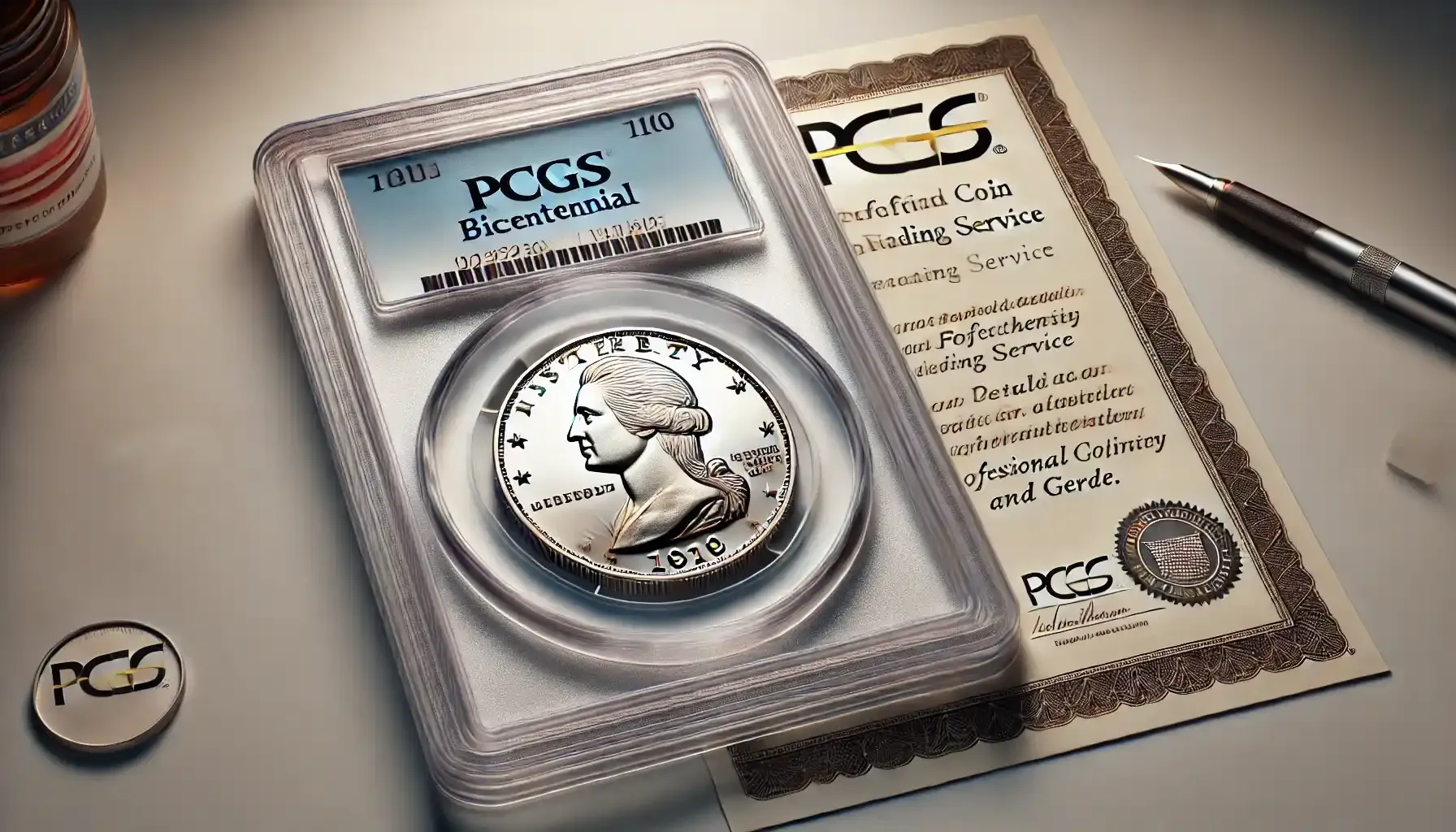 A picture of a Bicentennial coin in a protective slab with a certificate from PCGS, verifying its authenticity and grade.