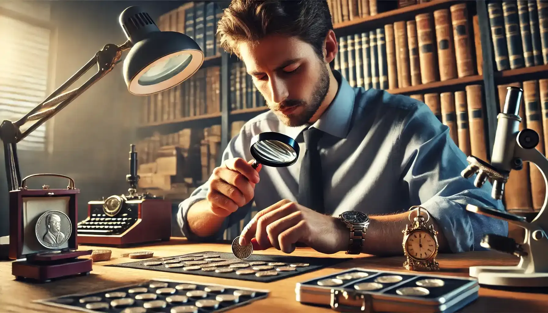 a numismatist looks at a coin through a loupe in an office