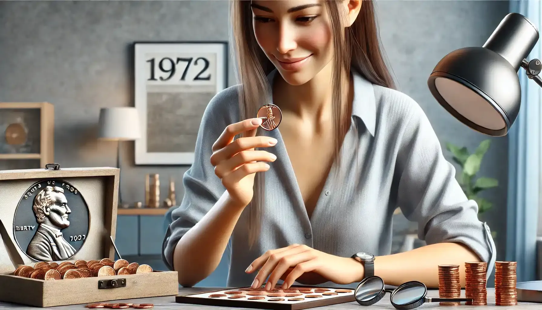 a woman holding a coin and looking at it with a smile, as it is a 1972 S penny worth a lot of money