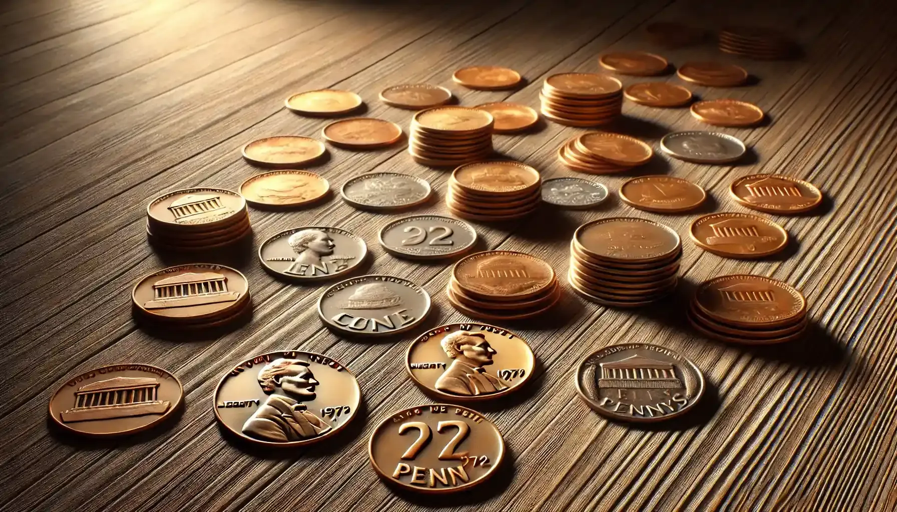 a variety of 1972 pennies lying on a table under a bright light