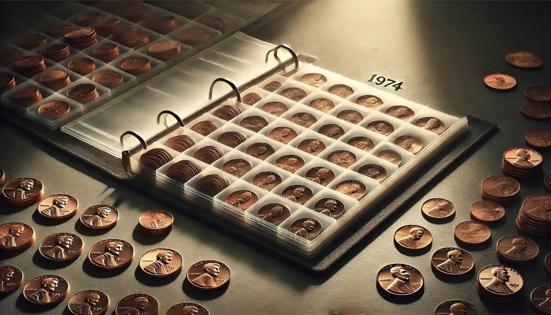 a collection of 1974 pennies in an album lies in a shadow