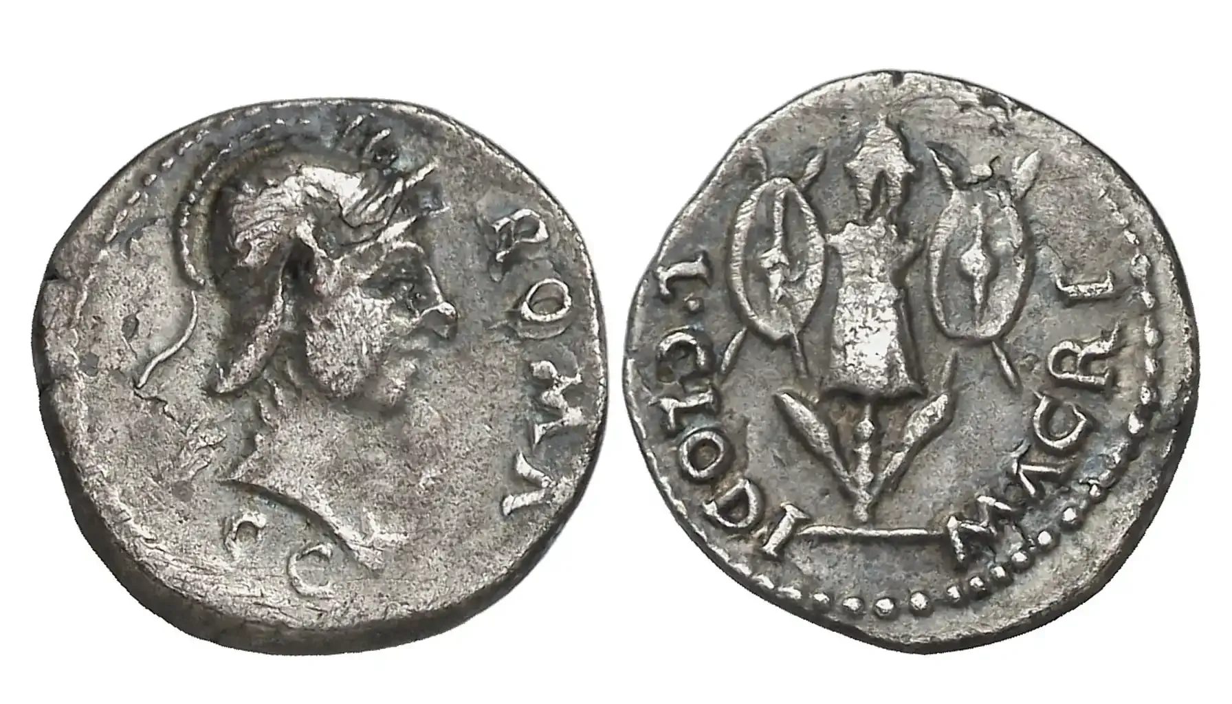 a picture of a Roman silver coin called Denarius L CLODI MACRI