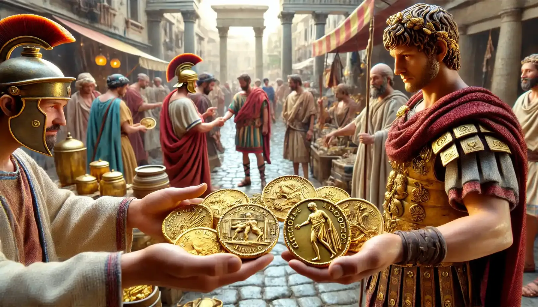 ancient Romans holding rare Roman gold coins to buy something