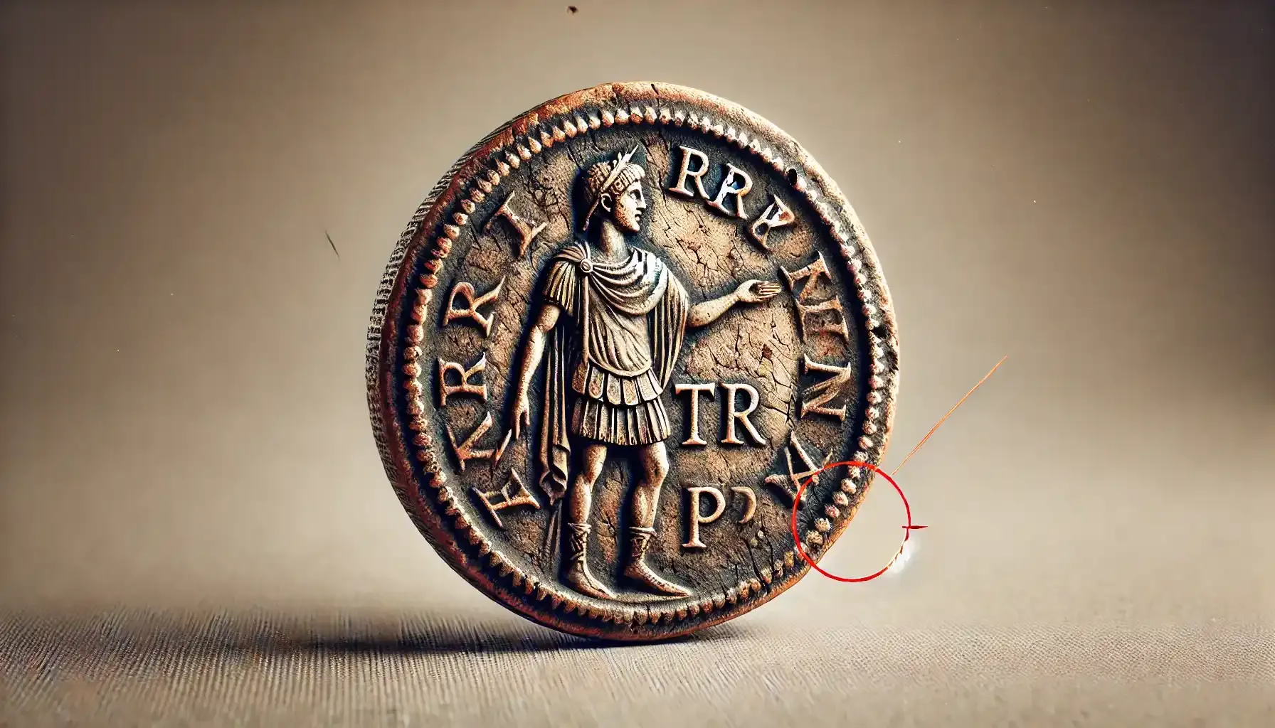 an ancient Roman coin with TR P inscription on it circled in red