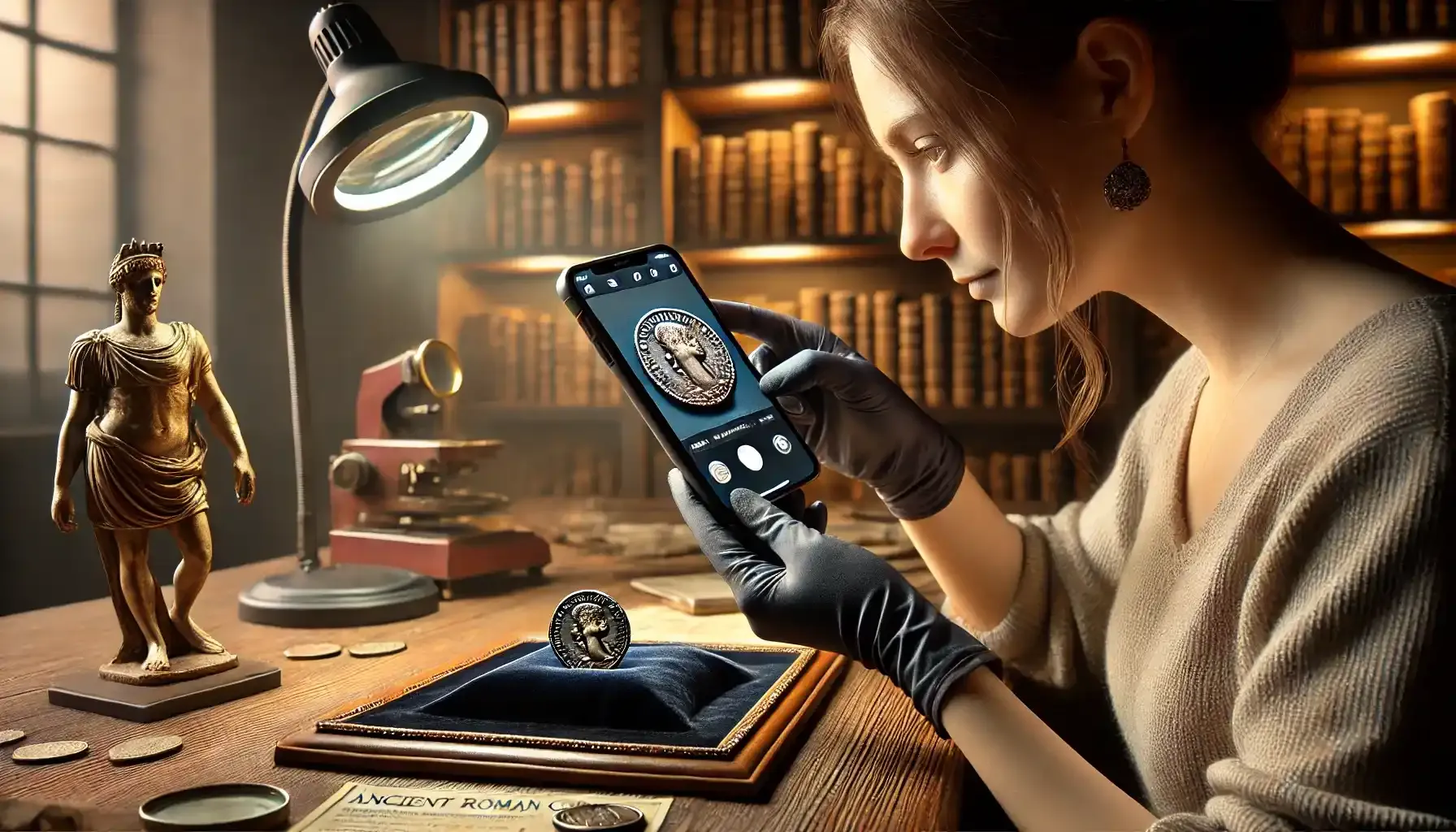 a woman taking pictures of a Roman coin on her phone to get an ancient Roman coin identification