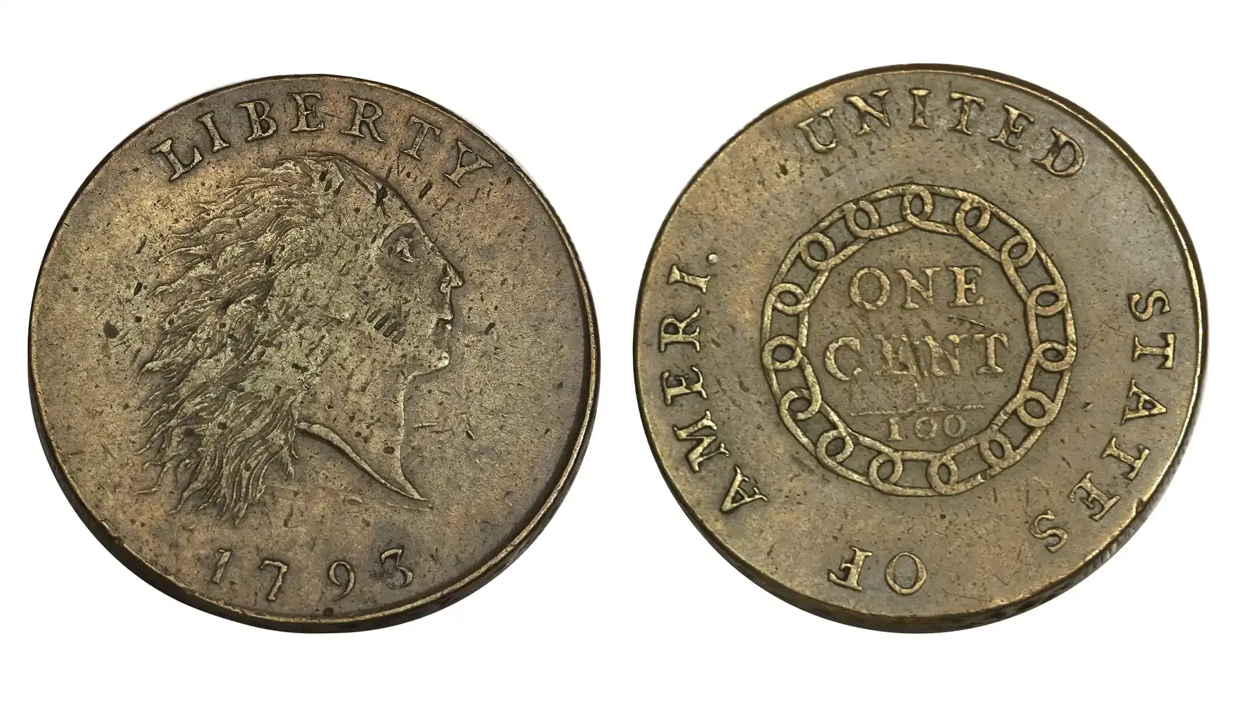 obverse and revesre of the oldest US coin called 1793 Chain Cent