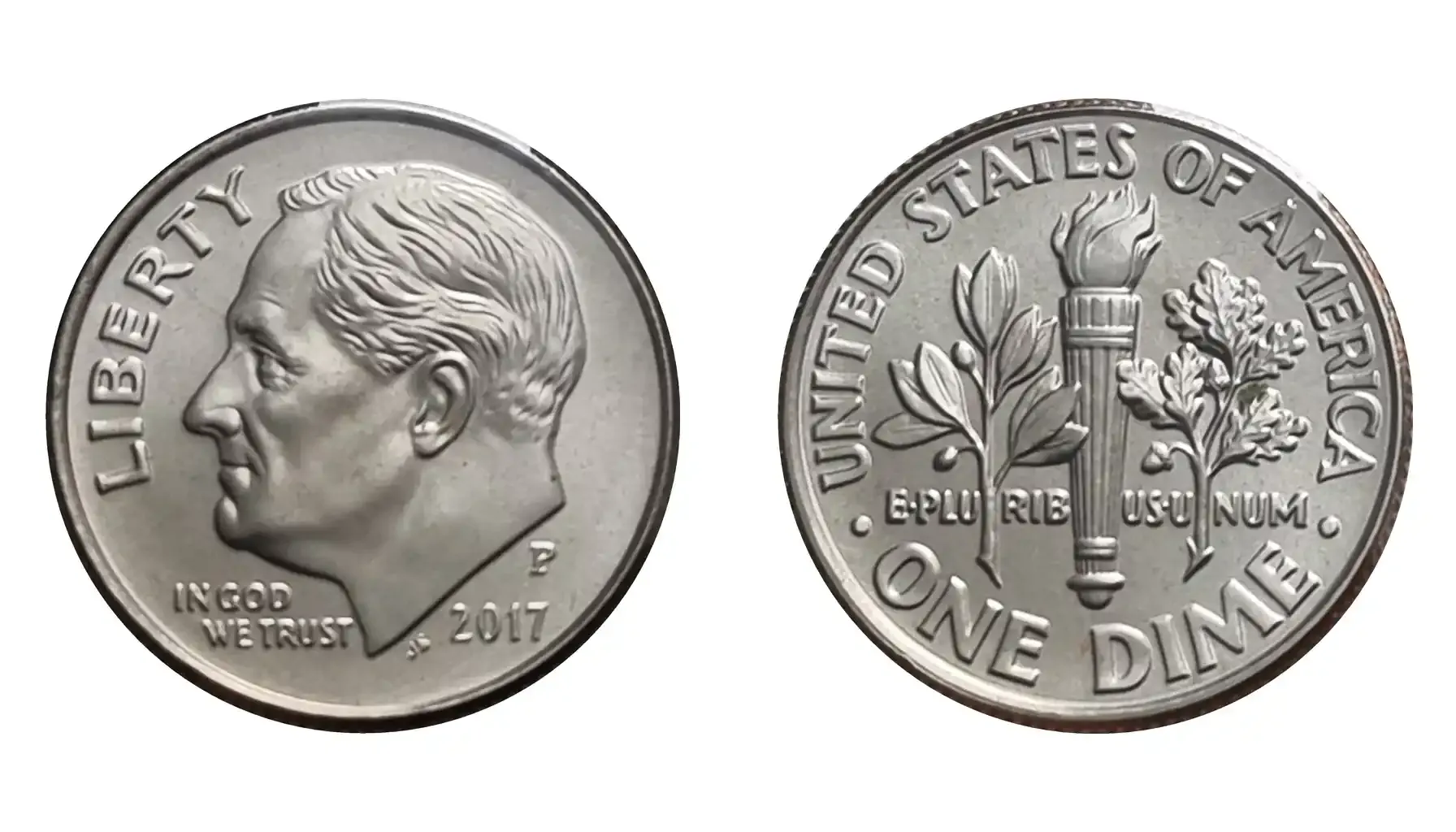 A picture of a 1965 dime, showcasing its obverse featuring Franklin D. Roosevelt and its reverse design of a torch, olive branch, and oak branch