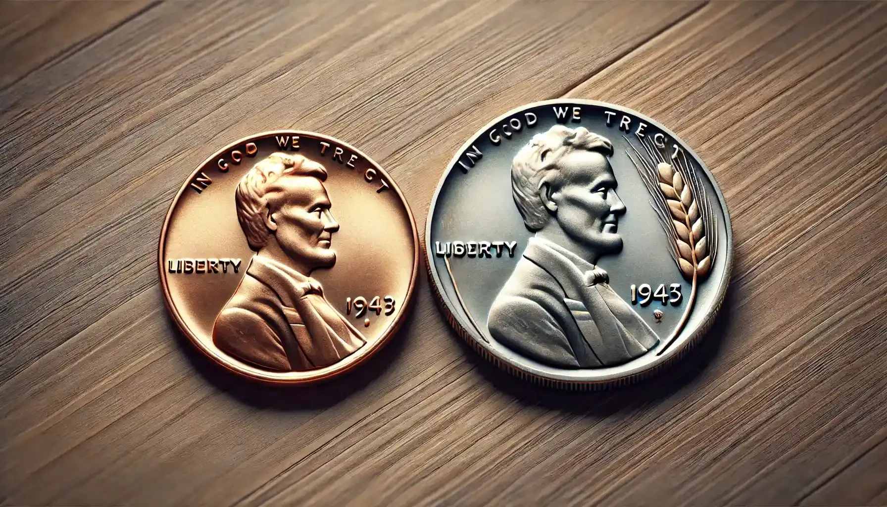 a comparison between a copper penny and a 1943 steel wheat penny