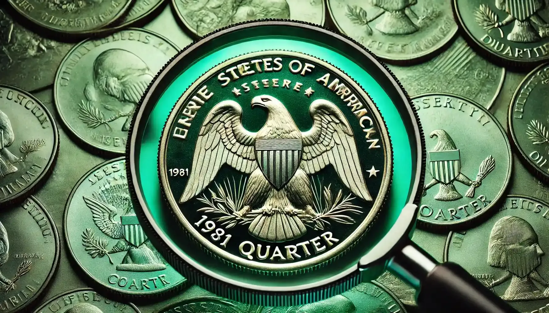 close-up of a 1981 quarter reverse under a magnifying glass