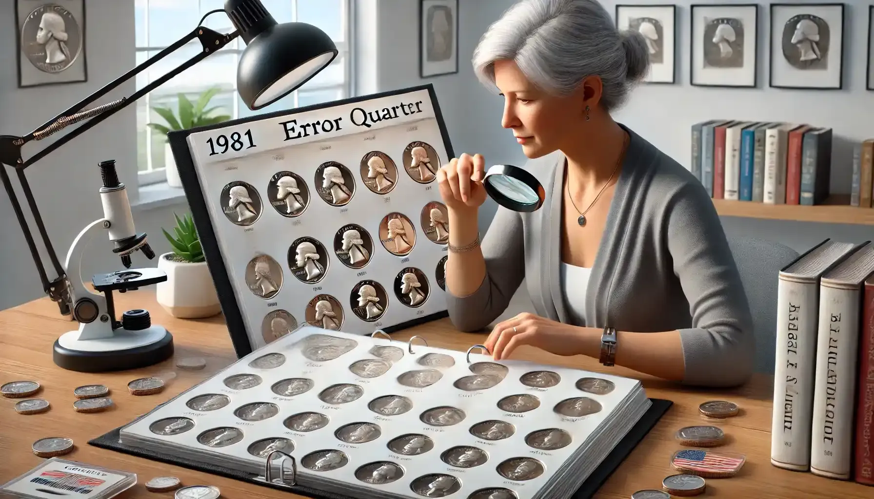 different 1981 error quarters in a numismatist album is explored by a woman of middle age