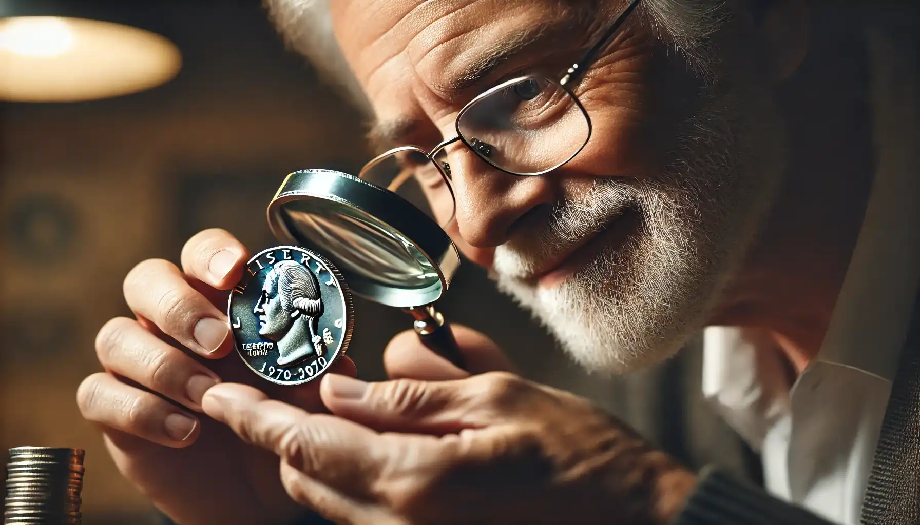 An elderly male collector examines a silver 1970 half dollar with a magnifying glass. He looks very pleased