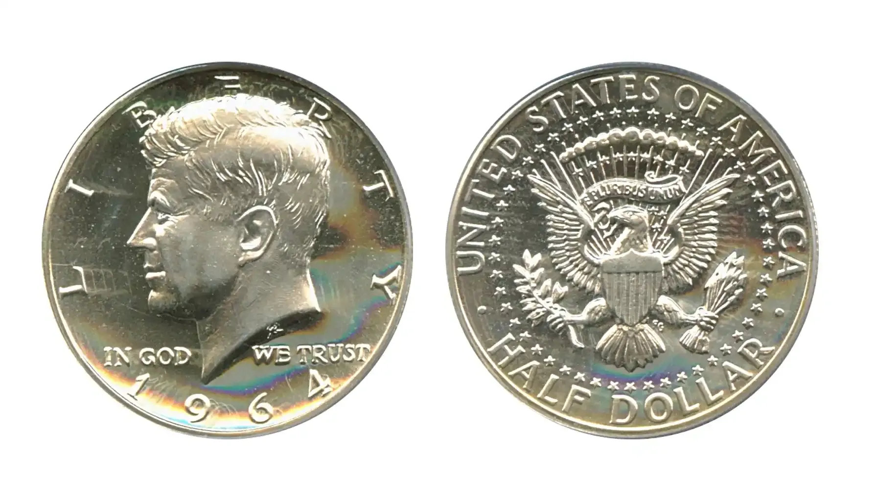 A picture of the Kennedy Half Dollar, showing the obverse featuring a portrait of John F. Kennedy and the reverse with a heraldic eagle