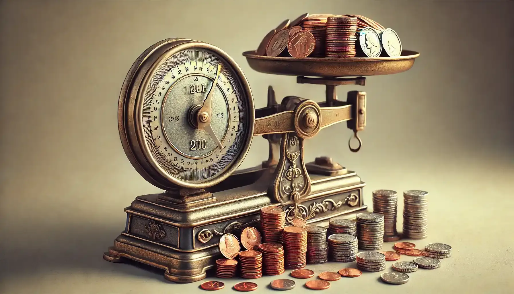 A picture of coins on the old-school weighing machine and various denominations visible, such as pennies, dimes, and quarters, laid out on the scale.