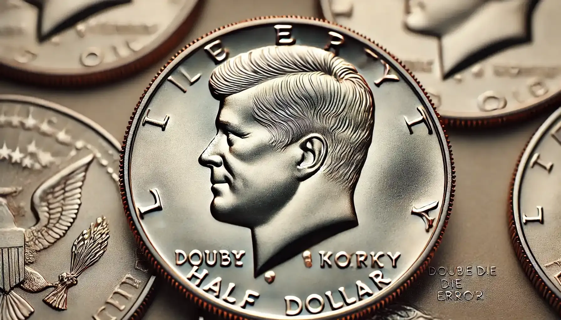 A picture of the 1964 Kennedy Half Dollar featuring a close-up view of the double die error, highlighting the distinct doubling on the letters and details of the coin’s design