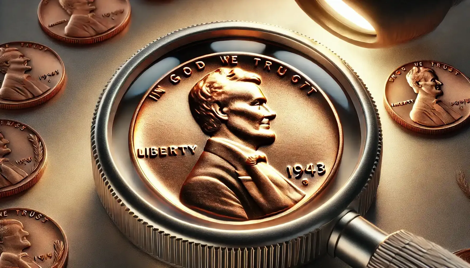 close-up of a 1943 penny copper under a loupe