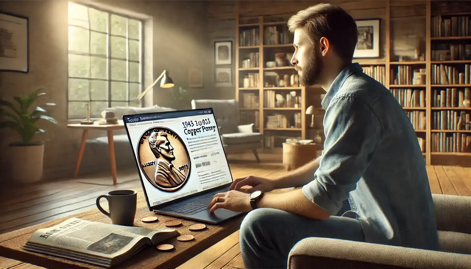 a man reading about the 1943 copper penny value on his laptop in a well-lit room