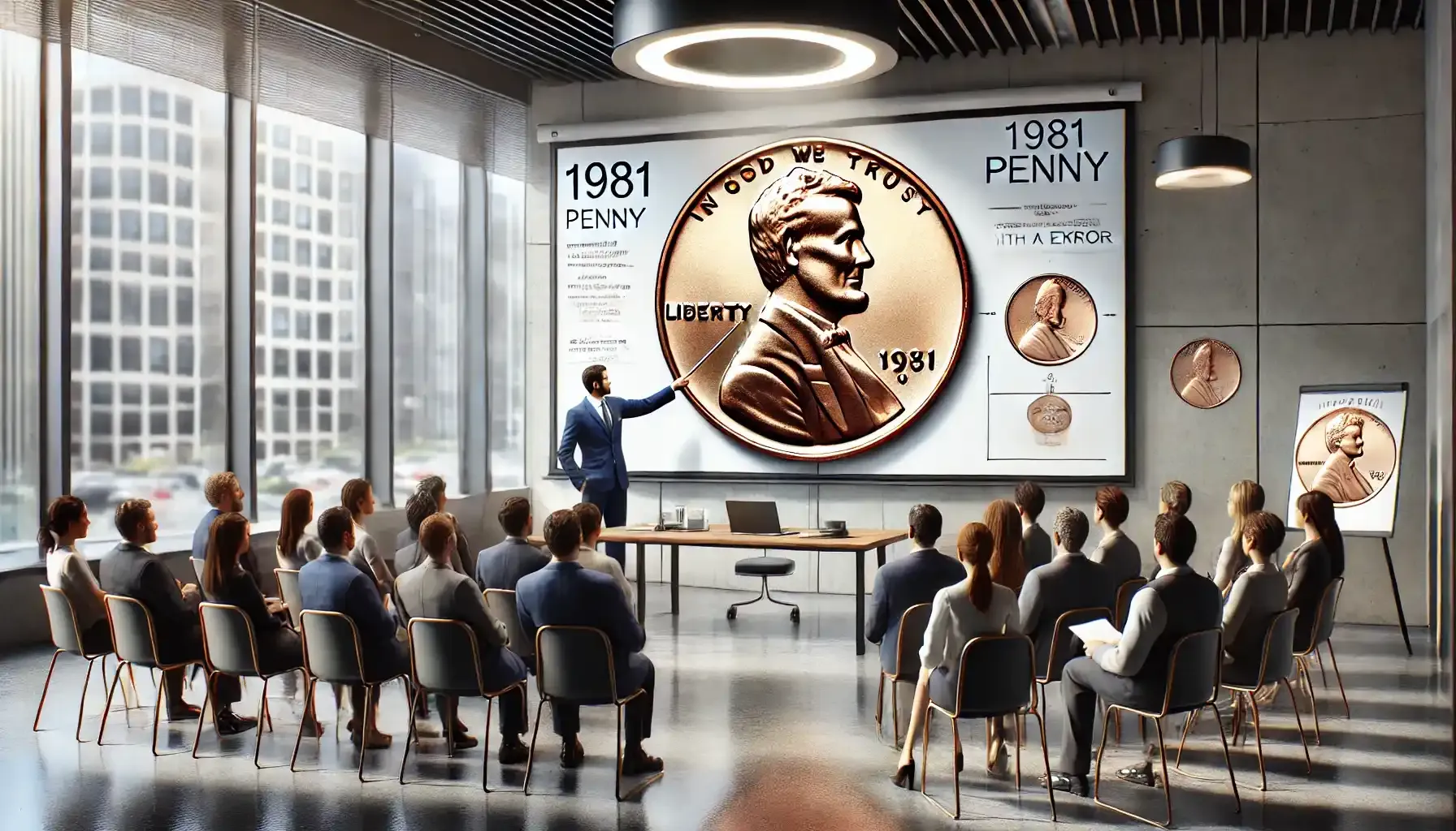 a numismatist shows a 1981 penny error on a white board in front of an audience in a well-lit office room