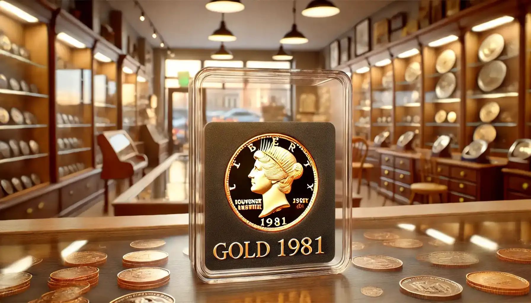 a souvenir gold 1981 penny in a coin shop