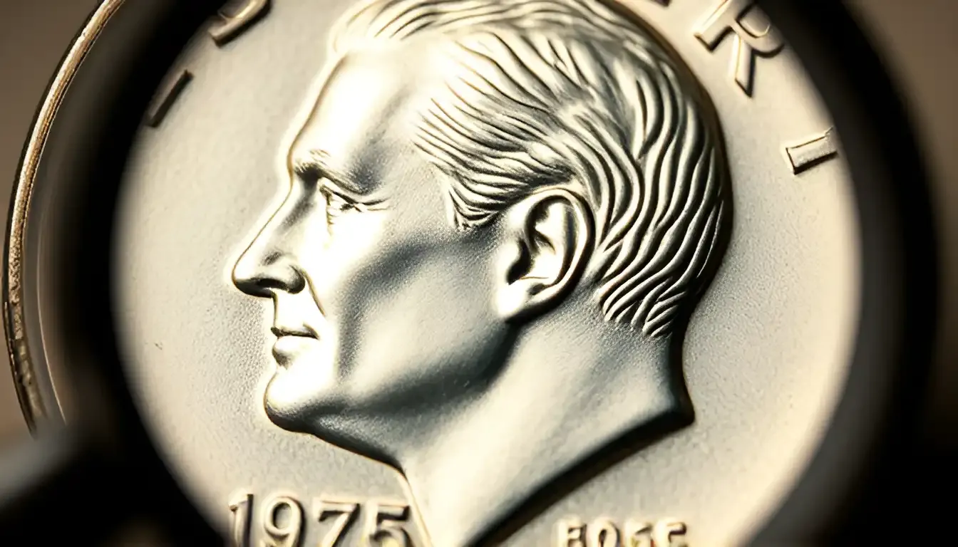 close-up of a 1975 Roosevelt dime inder a magnifying glass