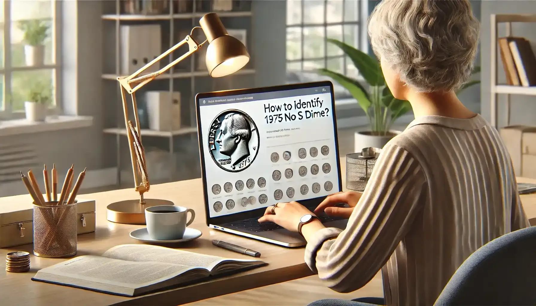 a woman using her laptop to answer a question: "how to identify 1975 no s dime?"