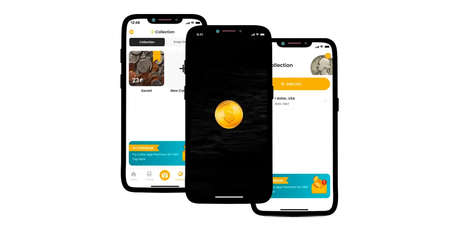 A screenshot from the Coin ID Scanner app that showcases its features and interface