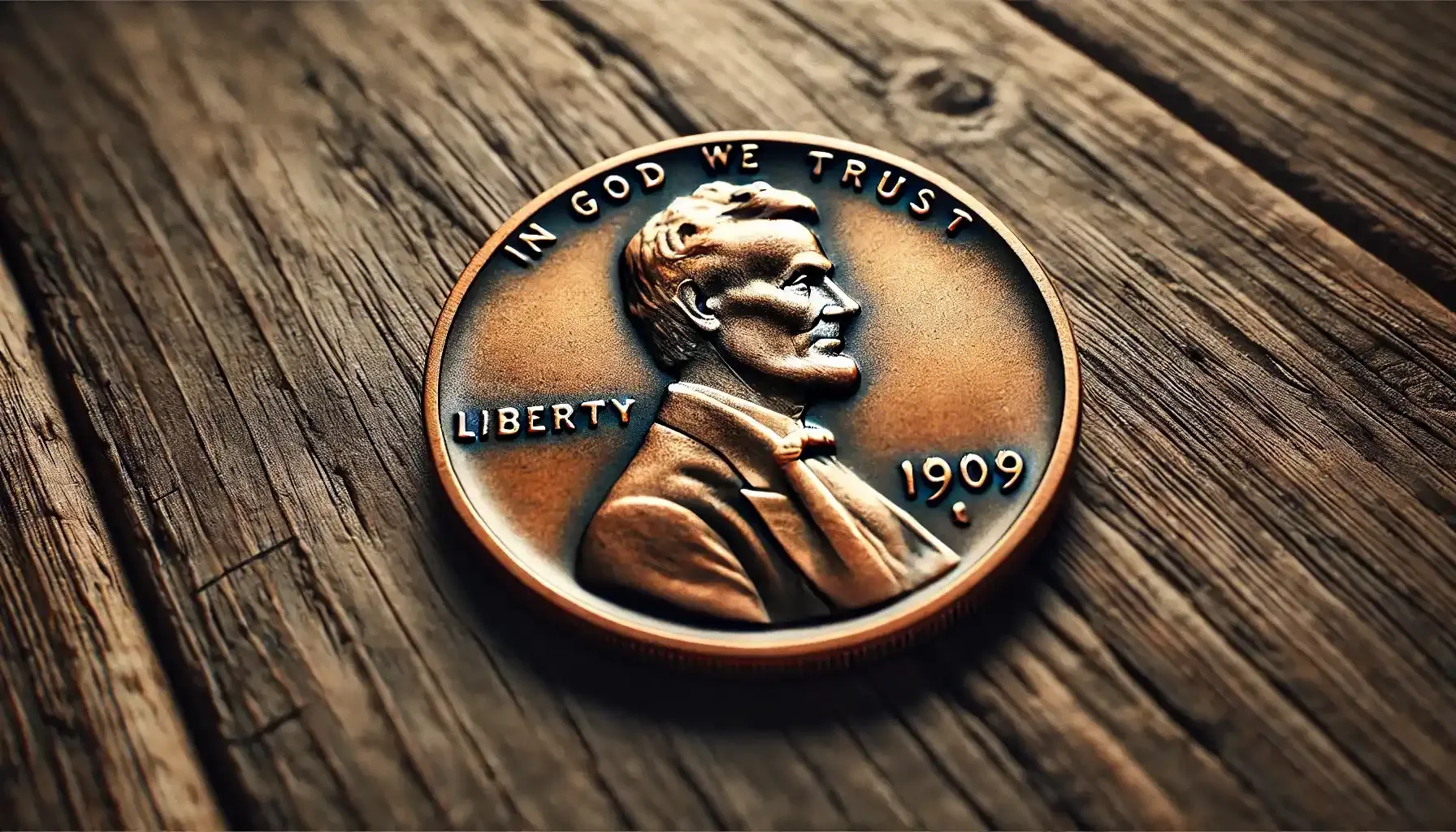 A close-up image of the 1909 Lincoln Cent resting on a wooden table and showcasing the iconic portrait of Abraham Lincoln on the obverse