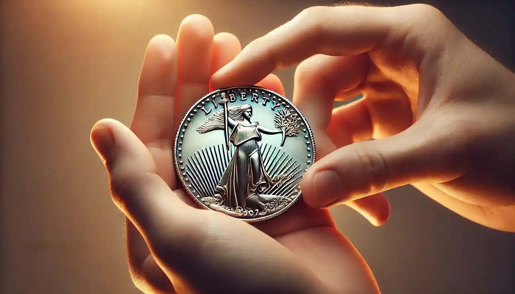 A person carefully holding a 1907 $20 Double Eagle coin, designed by Saint-Gaudens featuring the iconic Lady Liberty