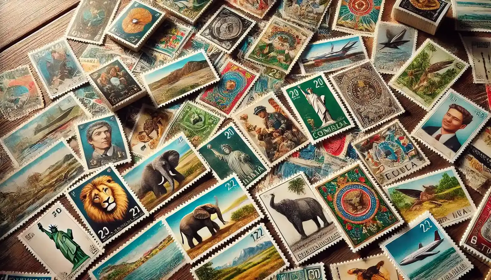 A picture of assorted postage stamps spread out on a table