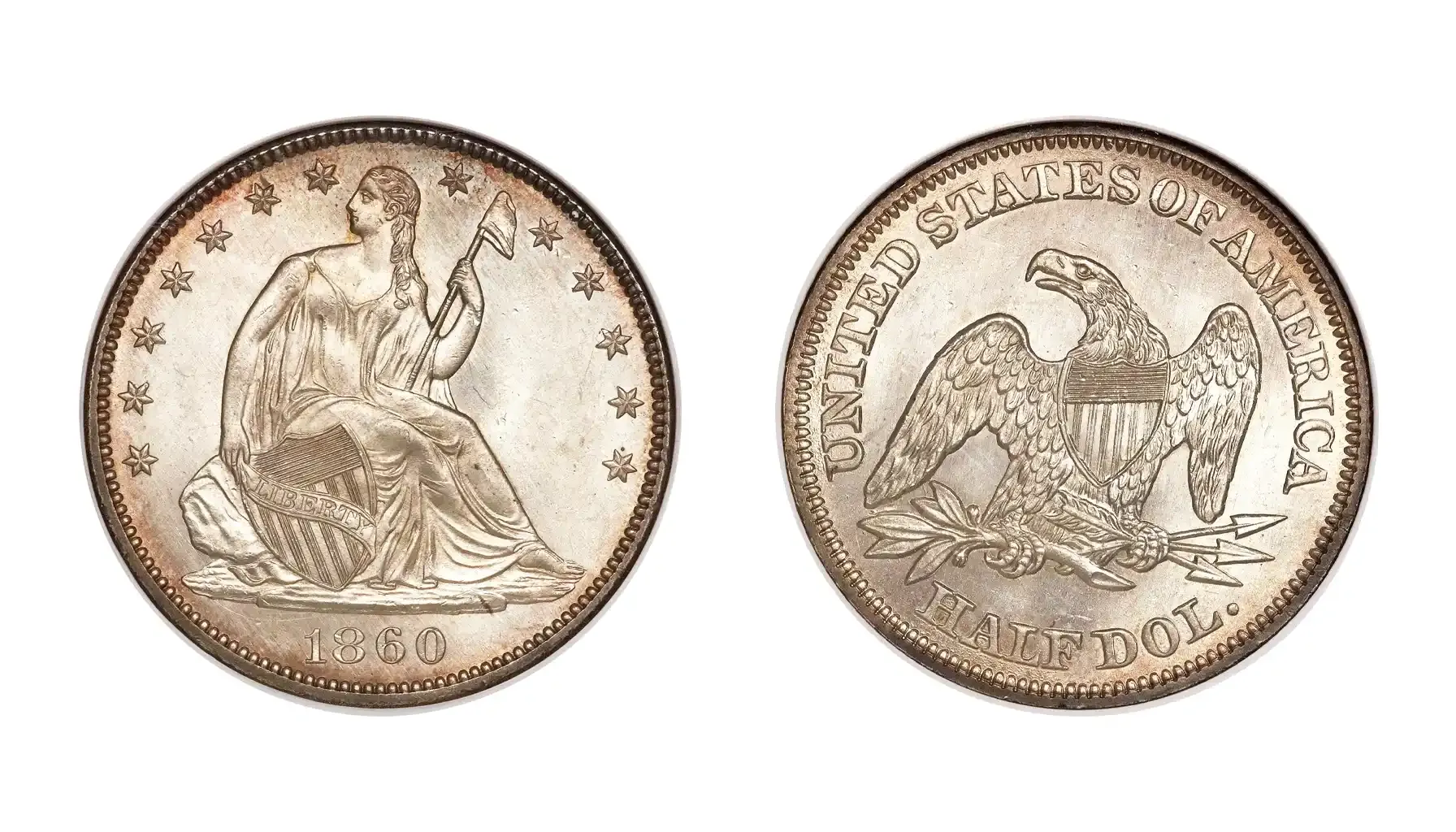 A picture of the 1861-O Seated Liberty Half Dollar, featuring a seated figure of Liberty