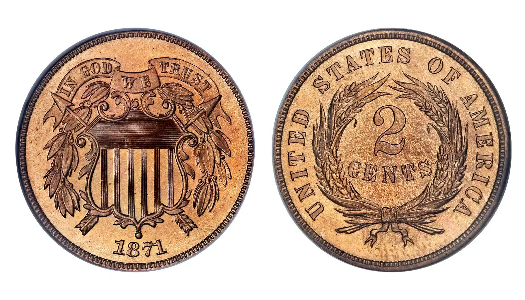 A picture of the 2 Cents "Union Shield" coin, featuring a prominent shield design