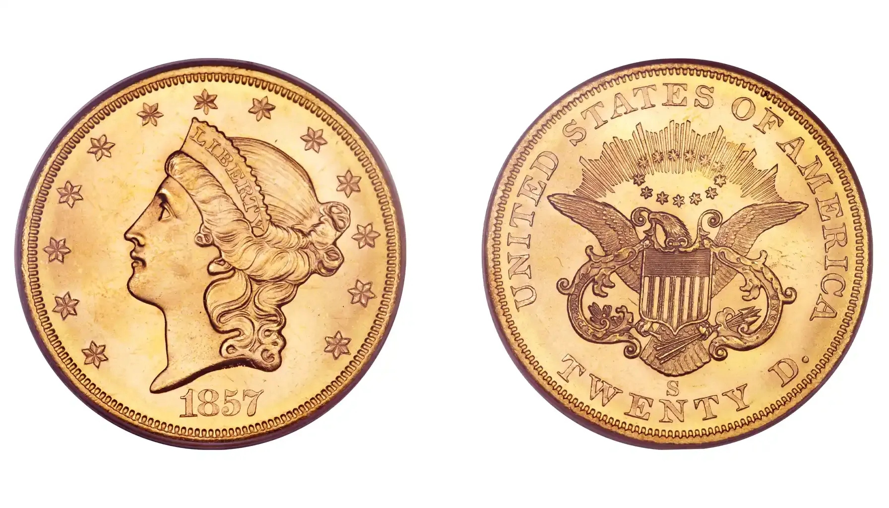 A picture of the 1861 $20 Double Eagle coin, showcasing its detailed design featuring a portrait of Liberty on the obverse and a majestic eagle with a shield on the reverse