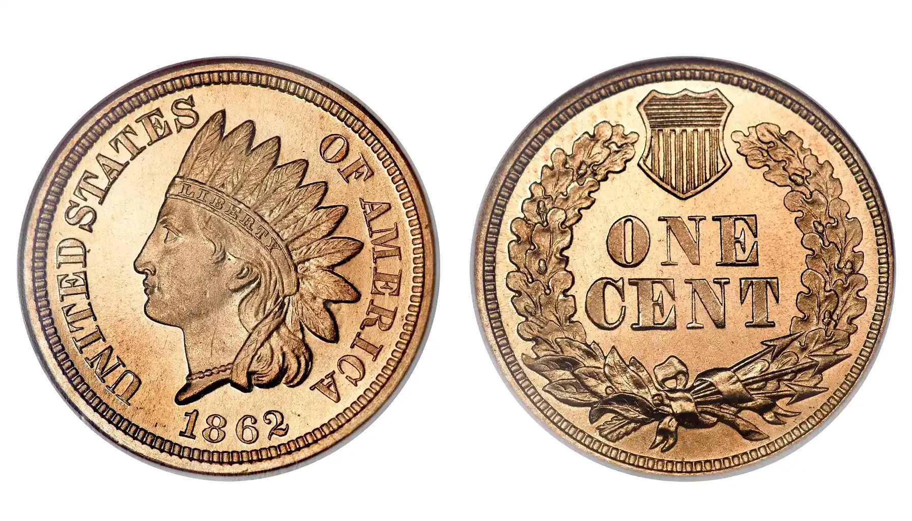 A picture of the 1864 Indian Head Cent, featuring a left-facing Liberty wearing a feathered headdress with the designer's initial "L" on the ribbon