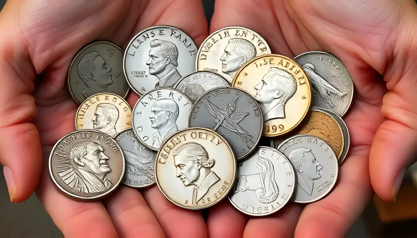 A picture of World War II coins held in hands, showcasing a variety of historical currency pieces that reflect the era's significant events and designs