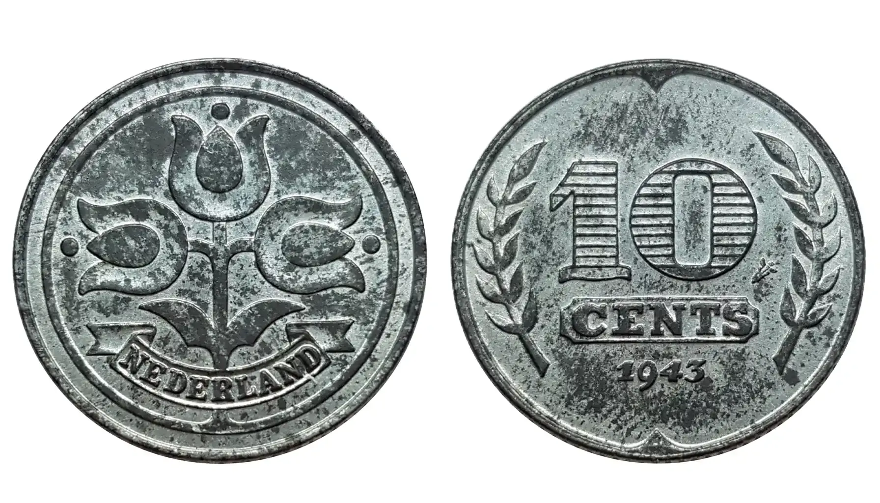 A picture of the 1942 Netherlands 10 Cents coin, minted under German occupation