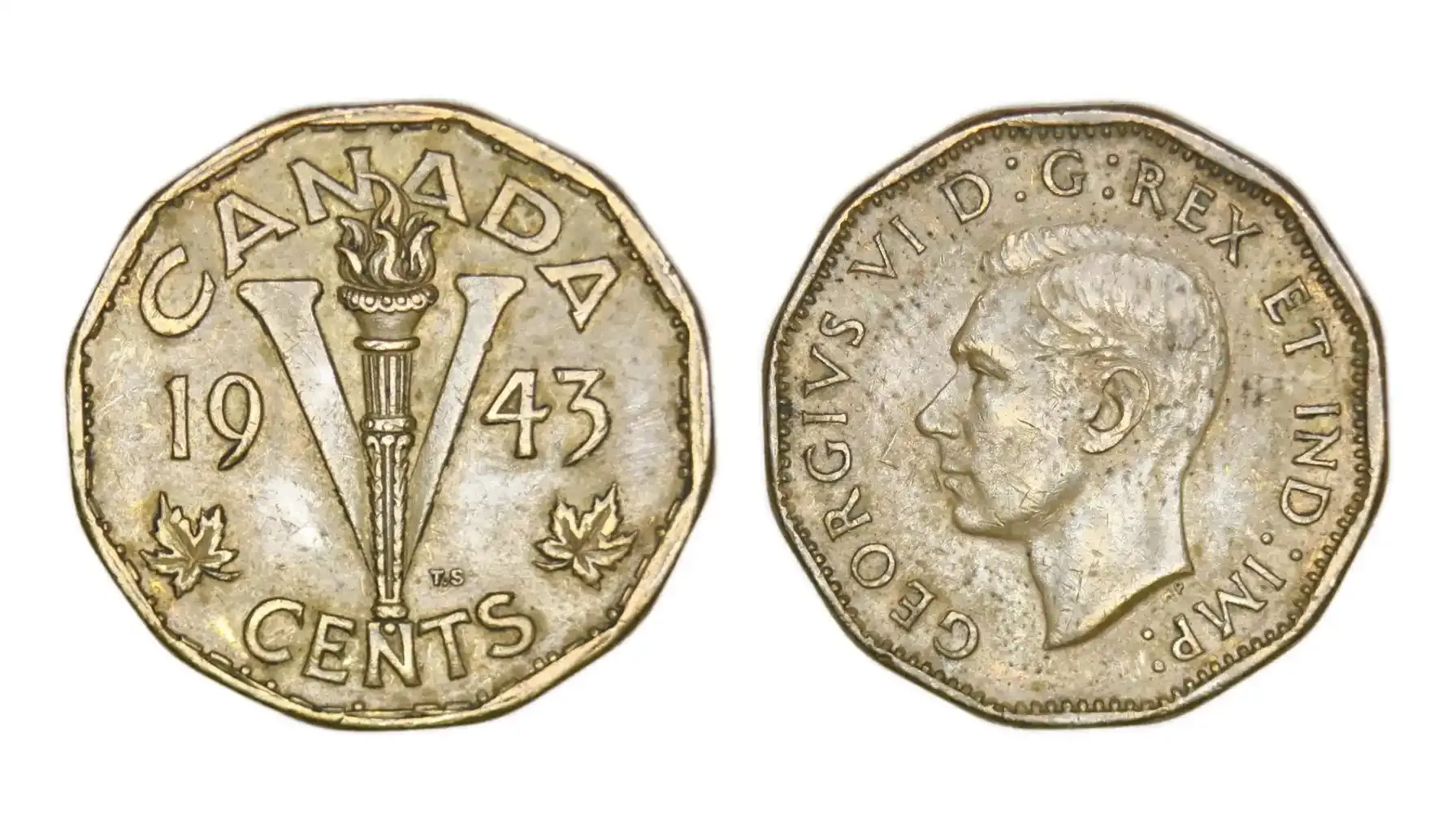 A picture of the 1943 “V for Victory” Nickel, featuring a prominent "V" symbolizing victory on the reverse