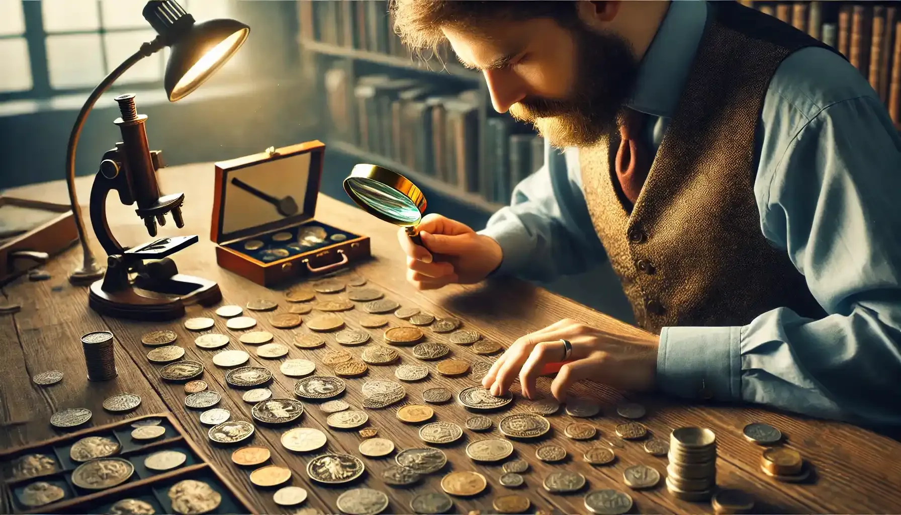 A picture of a numismatist carefully examining a collection of coins spread out on a table, using a magnifying glass to inspect their details.