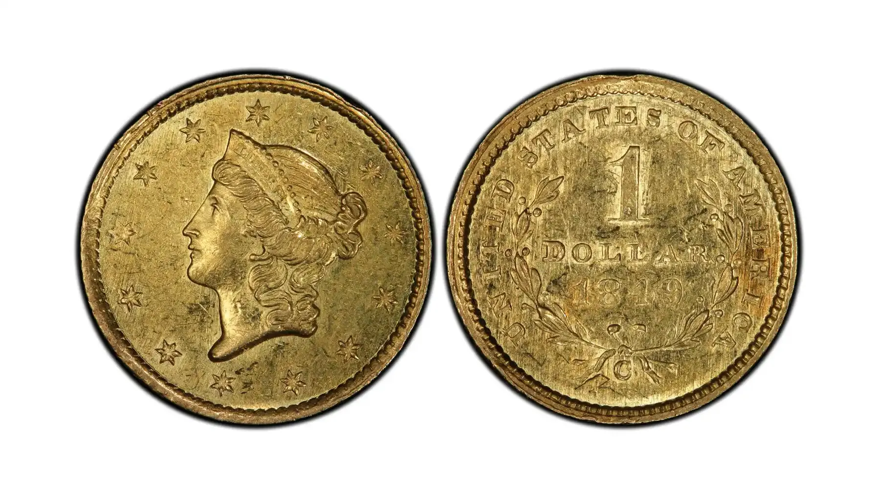 A picture of an 1849-C Gold Dollar (G$1), displaying its intricate details including the date, mint mark, and classic design.