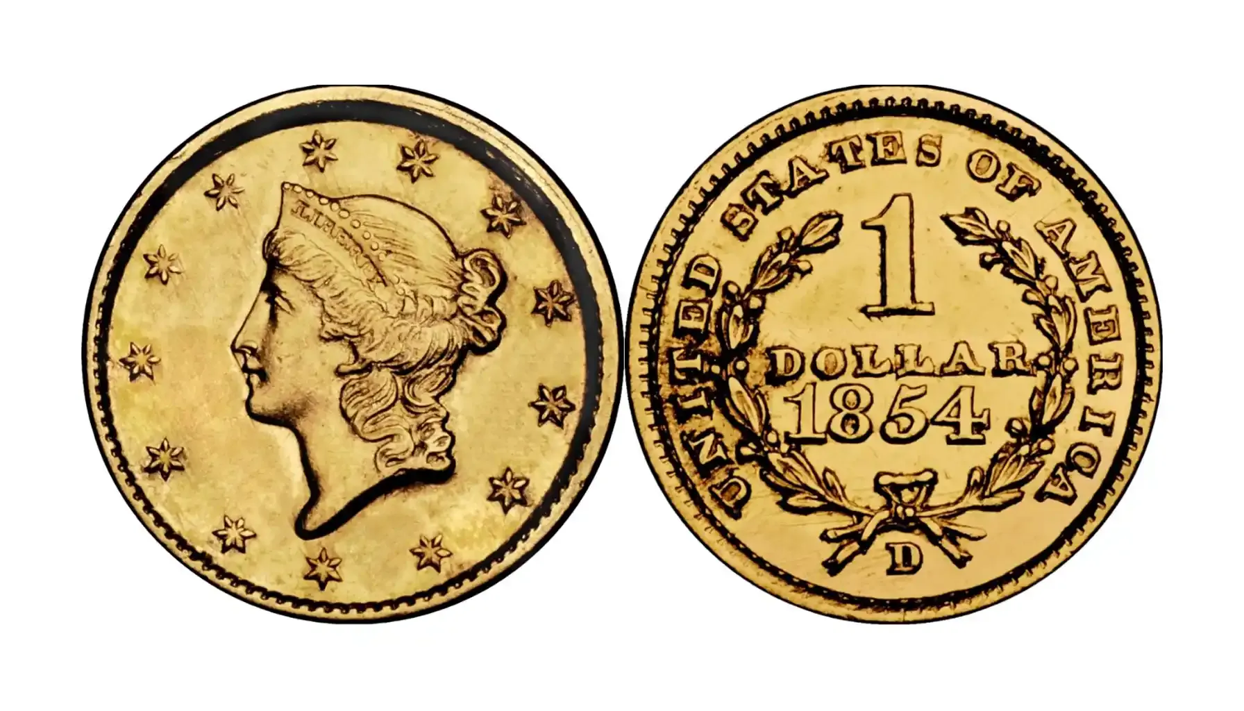 A picture of an 1854-D Gold Dollar (G$1), highlighting its unique design and the distinct "D" mintmark representing its production in Dahlonega.