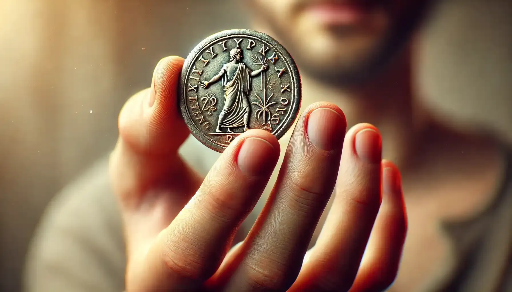 A picture of a person holding a traditional drachm coin between their fingers, showcasing the intricate details and design of the coin.