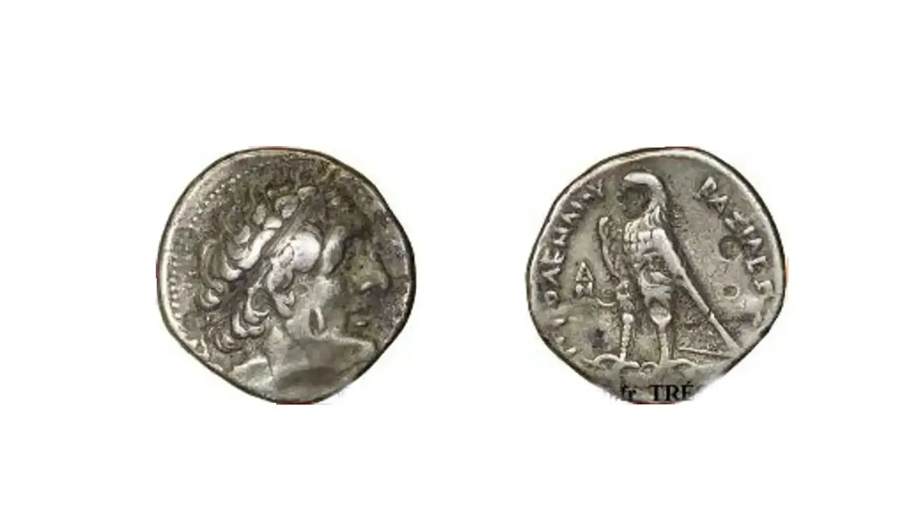 A picture of a Tetradrachm from Ptolemy I Soter, showcasing the detailed portrait of the ruler and the reverse design featuring Zeus-Ammon.