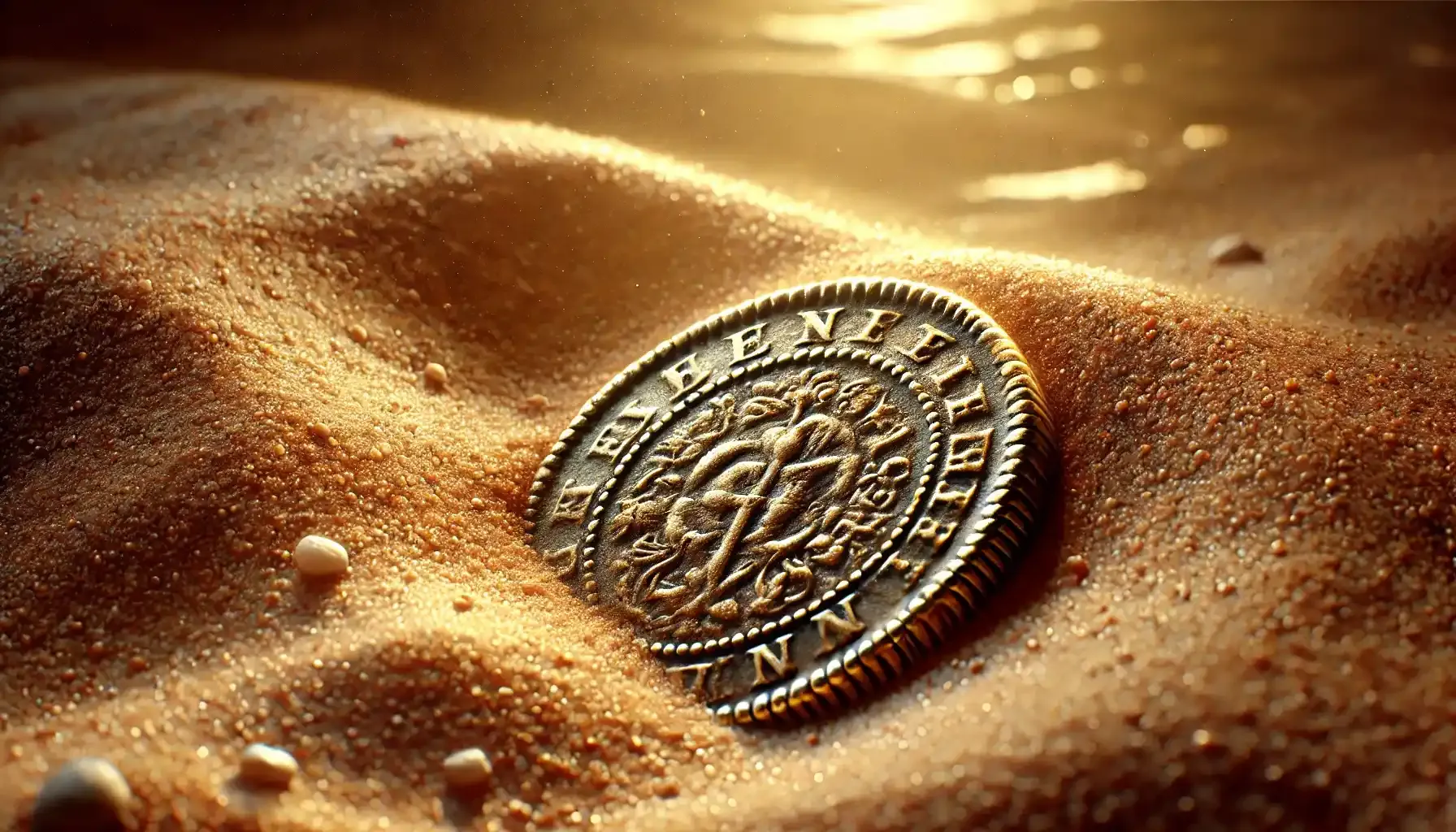 A picture of a coin partially buried in the sand, with its surface slightly worn but still visible, evoking the mystery of lost treasure and hidden history.